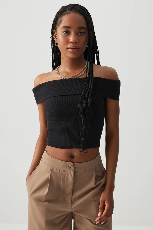 Ardene Rib Off Shoulder Crop Top in | Size | Cotton/Elastane | St