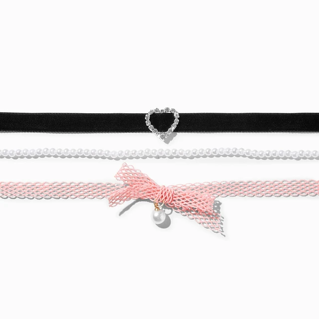 Claire's Pink Mesh Heart Velvet Choker Necklaces - 3 Pack at