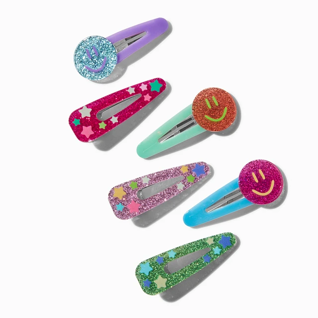 Claire's Glitter Happy Face Snap Hair Clips - 6 Pack at Foxvalley