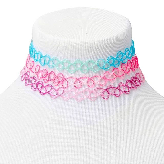 Claire's Pastel Glitter Ombré Tattoo Choker Necklaces - 3 Pack at