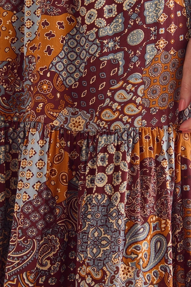 Earth Bound Trading Paisley Tiered Patchwork Maxi Skirt at